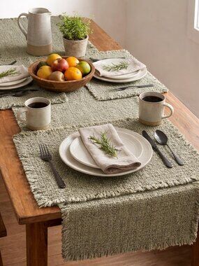 181 Degrees Sage Green Cotton Blend Table Runner with Fringe, 4 pcs Placemat Set